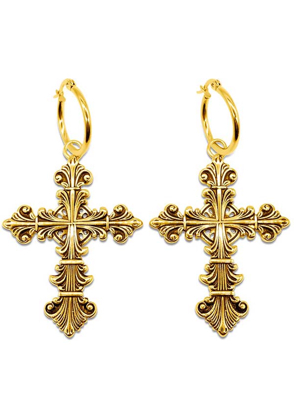 Gold cross online hoop earrings