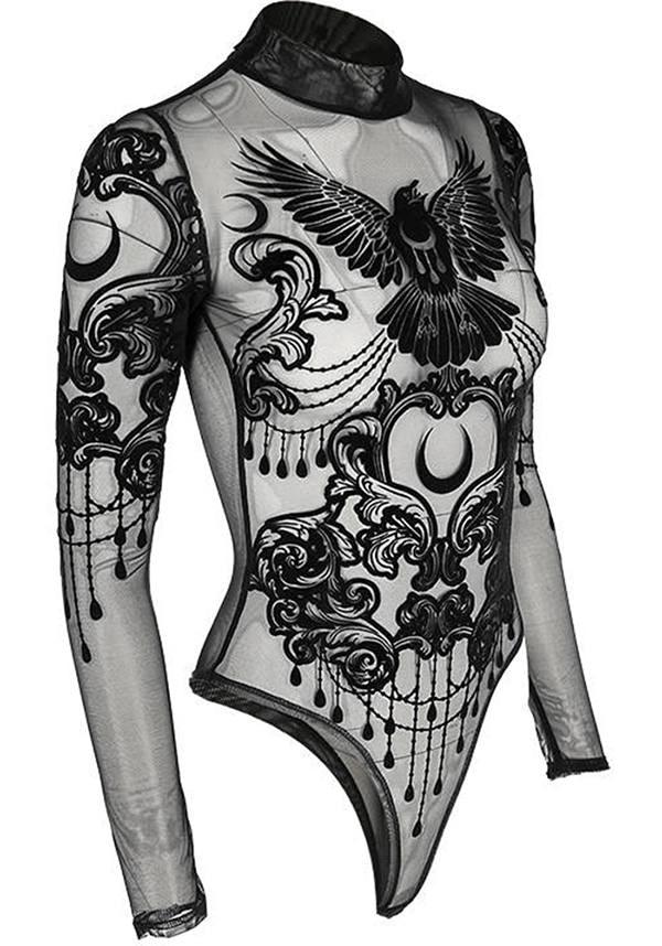 Dragon Print Black Sheer Mesh Bodysuit Long Sleeve T Shirt Tops