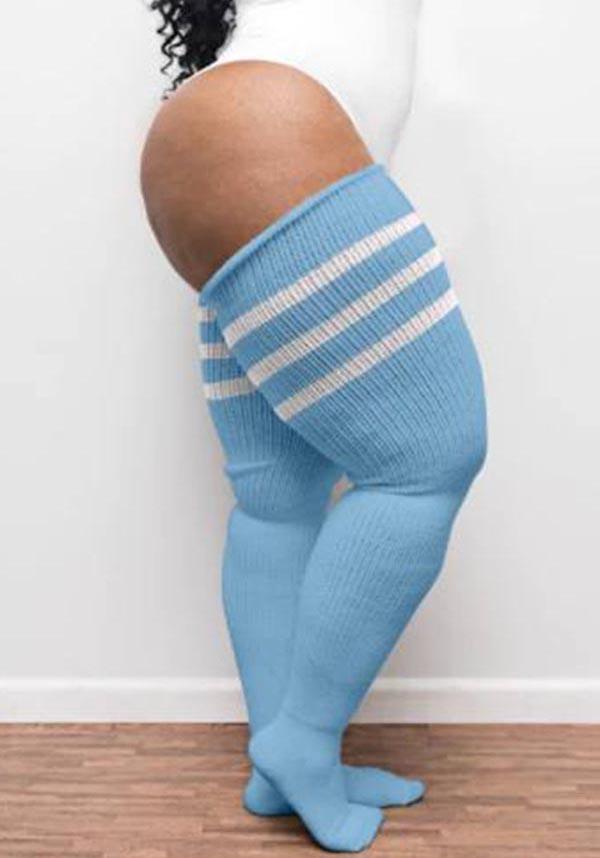 White & Blue Stripes Thigh High Socks | Thunda Thighs Long 35 Inches