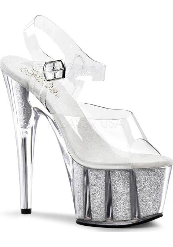 ADORE-708G [Clear/Silver Glitter] | PLATFORM HEELS [PREORDER] - Beserk - all, clickfrenzy15-2023, discountapp, fp, glitter, heels, heels [preorder], labelpreorder, labelvegan, open toe, peep toe, platform, platform heels, platforms, platforms [preorder], pleaser, pole, pole dancing, ppo, preorder, shoes, silver, stripper, vegan