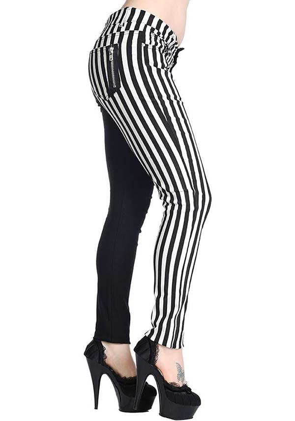 The Damage [Half Black/Half Striped] | SKINNY JEANS - Beserk - all, all clothing, all ladies, all ladies clothing, banned apparel, beetlejuice, black, clickfrenzy15-2023, clothing, discountapp, edgy, fp, goth, gothic, halloween, jeans, jun18, ladies, ladies clothing, ladies pants, ladies pants + shorts, ladies pants and shorts, pants, rock, skinny jeans, stripe, striped, stripes, stripey, tim burton, trousers, winter, winter clothing, womens pants