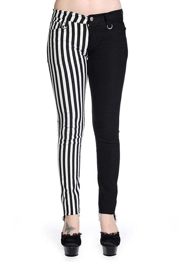 The Damage [Half Black/Half Striped] | SKINNY JEANS - Beserk - all, all clothing, all ladies, all ladies clothing, banned apparel, beetlejuice, black, clickfrenzy15-2023, clothing, discountapp, edgy, fp, goth, gothic, halloween, jeans, jun18, ladies, ladies clothing, ladies pants, ladies pants + shorts, ladies pants and shorts, pants, rock, skinny jeans, stripe, striped, stripes, stripey, tim burton, trousers, winter, winter clothing, womens pants