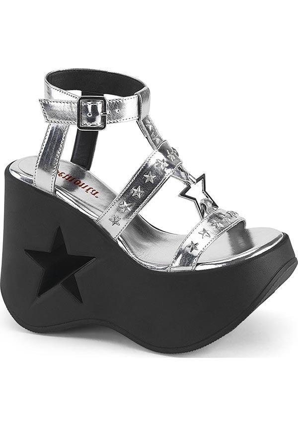 DYNAMITE-12 [Silver Metallic Vegan Leather] | PLATFORMS [PREORDER] - Beserk - all, clickfrenzy15-2023, demonia, demonia shoes, discountapp, fp, googleshopping, labelpreorder, labelvegan, platform, platforms, platforms [preorder], pool slides and slip ons, ppo, preorder, sandals, shoes, silver, star, vegan