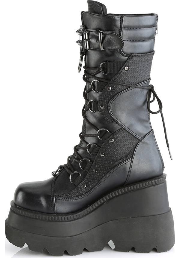 SHAKER-70 [Black] | PLATFORM BOOTS [IN STOCK] - Beserk - all, black, boot, boots, boots [in stock], clickfrenzy15-2023, dec17, demonia, demonia shoes, discountapp, dm18082022, fp, goth, gothic, grunge, halloween, in stock, instock, labelinstock, labelvegan, mid calf boots, platform, platforms, platforms [in stock], pleaserrestock, punk, shoes, techwear, vegan