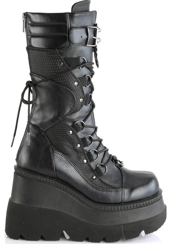 SHAKER-70 [Black] | PLATFORM BOOTS [IN STOCK] - Beserk - all, black, boot, boots, boots [in stock], clickfrenzy15-2023, dec17, demonia, demonia shoes, discountapp, dm18082022, fp, goth, gothic, grunge, halloween, in stock, instock, labelinstock, labelvegan, mid calf boots, platform, platforms, platforms [in stock], pleaserrestock, punk, shoes, techwear, vegan