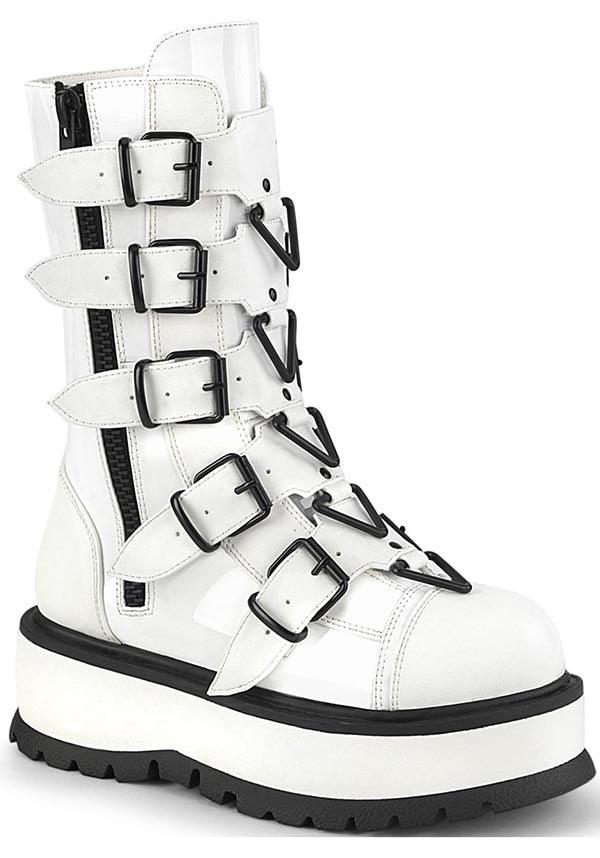 SLACKER-160 [White Patent] | BOOTS [PREORDER] - Beserk - all, black and white, boots, boots [preorder], clickfrenzy15-2023, demonia, demonia shoes, discountapp, fp, googleshopping, labelpreorder, labelvegan, mid calf boots, pastel goth, platform boots, platforms, platforms [preorder], ppo, preorder, shoes, vegan, white