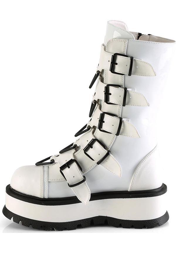 SLACKER-160 [White Patent] | BOOTS [PREORDER] - Beserk - all, black and white, boots, boots [preorder], clickfrenzy15-2023, demonia, demonia shoes, discountapp, fp, googleshopping, labelpreorder, labelvegan, mid calf boots, pastel goth, platform boots, platforms, platforms [preorder], ppo, preorder, shoes, vegan, white