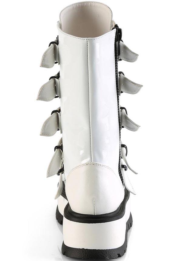 SLACKER-160 [White Patent] | BOOTS [PREORDER] - Beserk - all, black and white, boots, boots [preorder], clickfrenzy15-2023, demonia, demonia shoes, discountapp, fp, googleshopping, labelpreorder, labelvegan, mid calf boots, pastel goth, platform boots, platforms, platforms [preorder], ppo, preorder, shoes, vegan, white