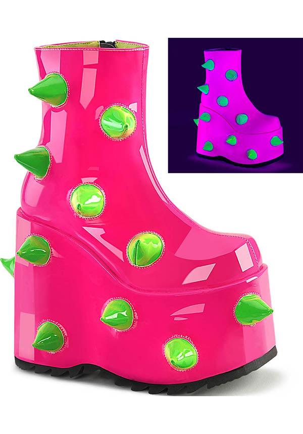 SLAY-77 UV [Neon Pink-Neon Green] | PLATFORM BOOTS [PREORDER] - Beserk - all, ankle boots, boots, boots [preorder], clickfrenzy15-2023, demonia, demonia shoes, discountapp, festival, fp, green, labelpreorder, labelvegan, pink, platform boots, platforms, platforms [preorder], ppo, preorder, shoes, spike, spiked, spiked shoe, spikes, spikey, vegan