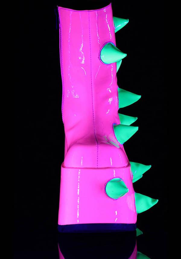 SLAY-77 UV [Neon Pink-Neon Green] | PLATFORM BOOTS [PREORDER] - Beserk - all, ankle boots, boots, boots [preorder], clickfrenzy15-2023, demonia, demonia shoes, discountapp, festival, fp, green, labelpreorder, labelvegan, pink, platform boots, platforms, platforms [preorder], ppo, preorder, shoes, spike, spiked, spiked shoe, spikes, spikey, vegan