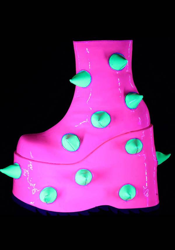 SLAY-77 UV [Neon Pink-Neon Green] | PLATFORM BOOTS [PREORDER] - Beserk - all, ankle boots, boots, boots [preorder], clickfrenzy15-2023, demonia, demonia shoes, discountapp, festival, fp, green, labelpreorder, labelvegan, pink, platform boots, platforms, platforms [preorder], ppo, preorder, shoes, spike, spiked, spiked shoe, spikes, spikey, vegan