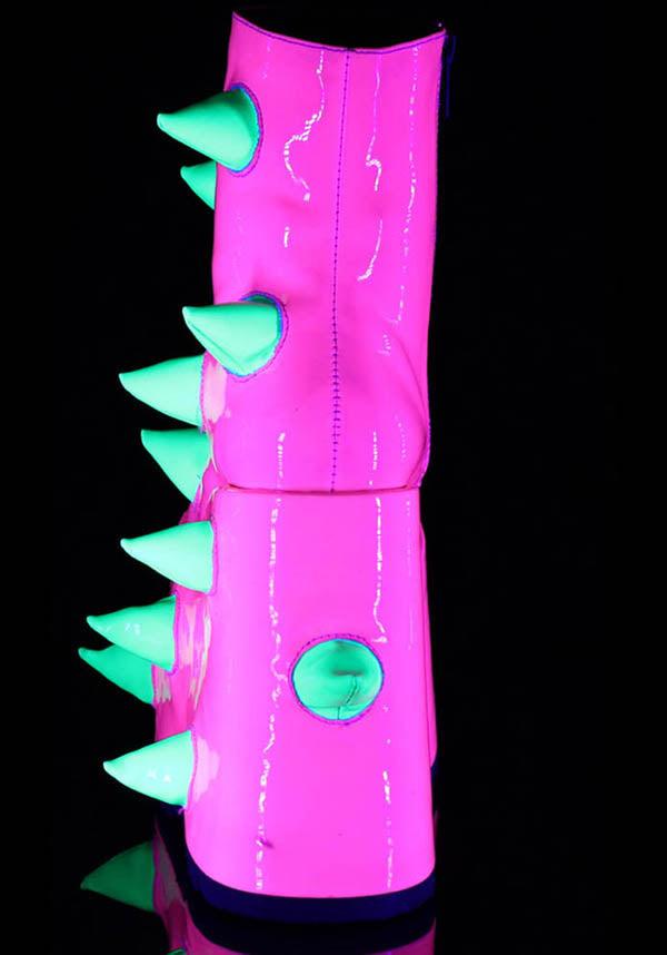 SLAY-77 UV [Neon Pink-Neon Green] | PLATFORM BOOTS [PREORDER] - Beserk - all, ankle boots, boots, boots [preorder], clickfrenzy15-2023, demonia, demonia shoes, discountapp, festival, fp, green, labelpreorder, labelvegan, pink, platform boots, platforms, platforms [preorder], ppo, preorder, shoes, spike, spiked, spiked shoe, spikes, spikey, vegan