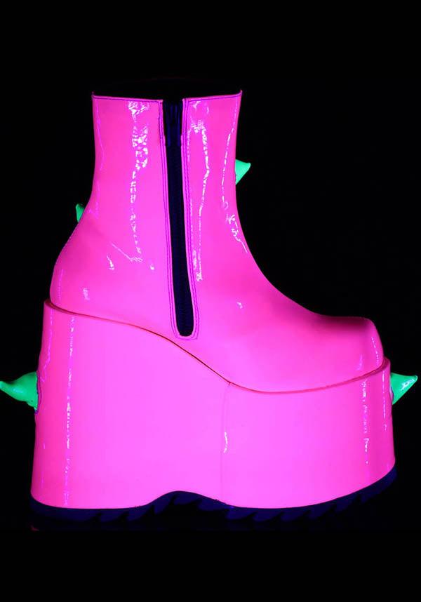 SLAY-77 UV [Neon Pink-Neon Green] | PLATFORM BOOTS [PREORDER] - Beserk - all, ankle boots, boots, boots [preorder], clickfrenzy15-2023, demonia, demonia shoes, discountapp, festival, fp, green, labelpreorder, labelvegan, pink, platform boots, platforms, platforms [preorder], ppo, preorder, shoes, spike, spiked, spiked shoe, spikes, spikey, vegan