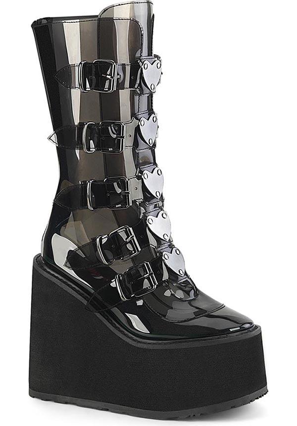 SWING-230C [Smoke TPU] | PLATFORM BOOTS [PREORDER] - Beserk - all, black, boots, boots [preorder], clickfrenzy15-2023, demonia, demonia shoes, discountapp, fp, googleshopping, heart, labelpreorder, labelvegan, long boots, mid calf boots, platform boots, platforms, platforms [preorder], ppo, preorder, shoes, vegan