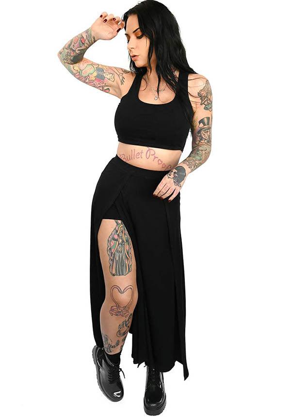 Darla | MAXI SKIRT - Beserk - all, all clothing, all ladies clothing, black, clickfrenzy15-2023, clothing, discountapp, exclusive, FB90620, feb22, fox blood, fp, goth, goth summer, goth summer clothing, gothic, labelexclusive, ladies clothing, ladies skirt, long skirt, maxi skirt, plus size, R150222, skirt, skirts, split, summer, summer clothing, summer goth, womens skirt