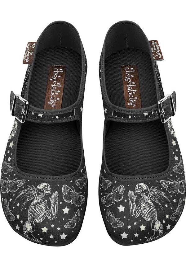 Fallen Angels 2 | FLATS - Beserk - all, all ladies, angel, black, clickfrenzy15-2023, cpgstinc, death moth, discountapp, flats, flats [in stock], fp, goth, gothic, HC40541, hot chocolate, instock, labelinstock, labelvegan, ladies, mary janes, moth, nov21, poppingcandy, praying, R141121, shoes, skeleton, vegan