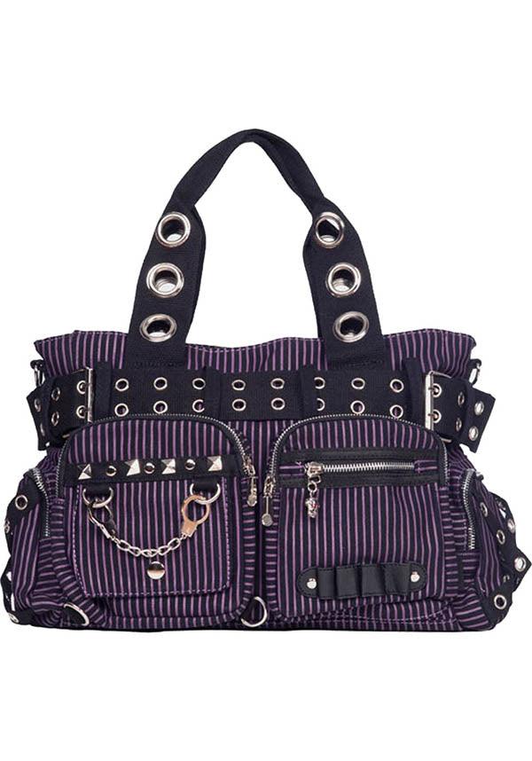 Handcuffs Purple Striped | BAG - Beserk - accessories, all, bag, big bag, black, clickfrenzy15-2023, diaper bag, discountapp, fp, goth, gothic, gothic accessories, gothic bag, hand bag, handbag, handbags and purses, handcuff, jawbreaker, ladies accessories, large bag, oct20, one direction, purple, R251020, repriced241122, stripe, striped, stripes, stripey, stud, studded, studs