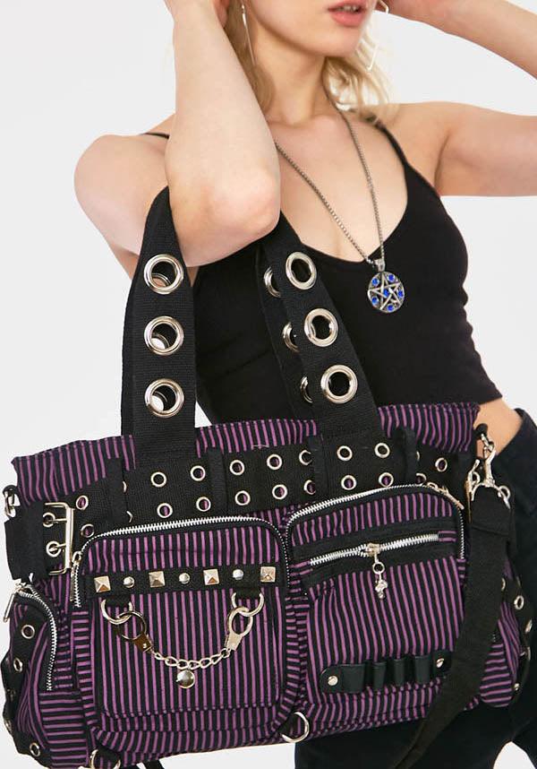 Handcuffs Purple Striped | BAG - Beserk - accessories, all, bag, big bag, black, clickfrenzy15-2023, diaper bag, discountapp, fp, goth, gothic, gothic accessories, gothic bag, hand bag, handbag, handbags and purses, handcuff, jawbreaker, ladies accessories, large bag, oct20, one direction, purple, R251020, repriced241122, stripe, striped, stripes, stripey, stud, studded, studs