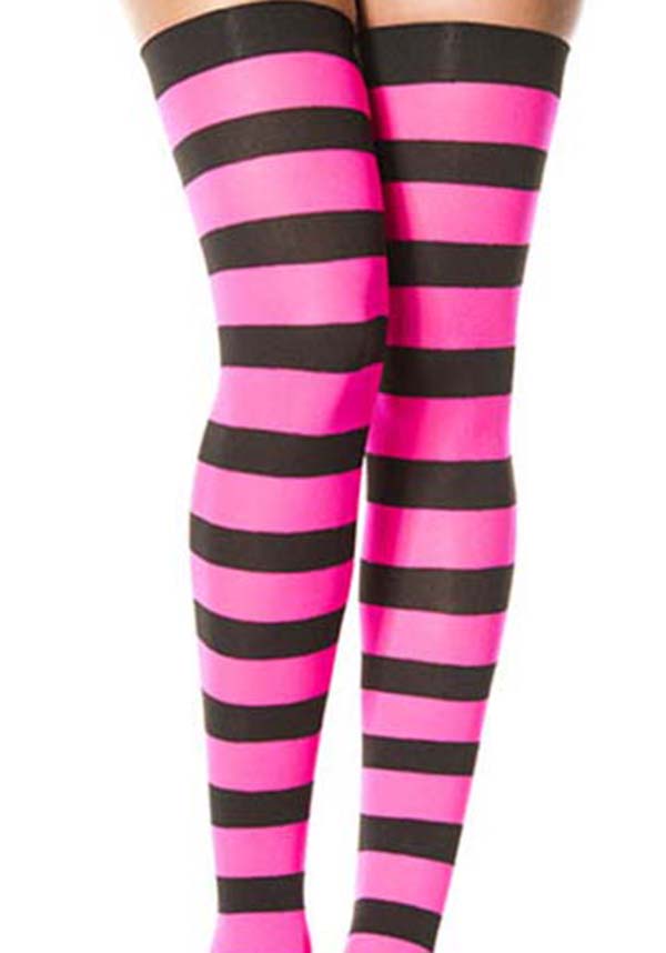 Opaque Wide Stripe [Black/Hot Pink] | THIGH HIGH