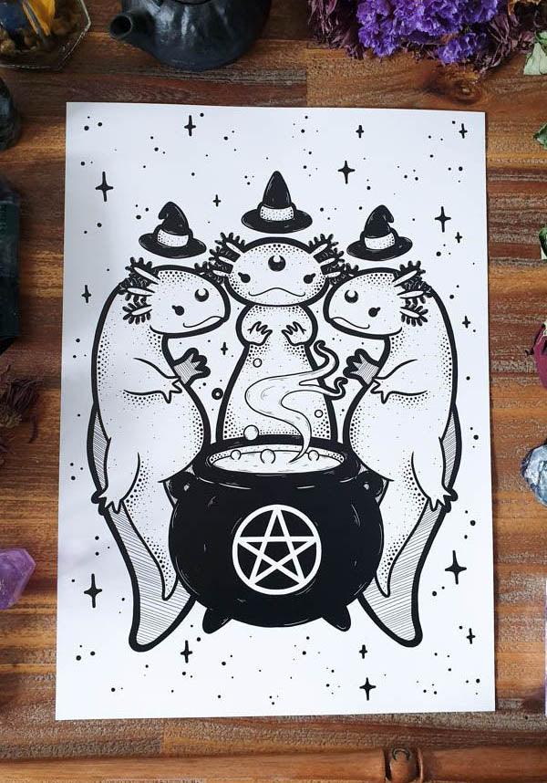 Axolotl Coven | ART PRINT - Beserk - all, art, art print, black, black and white, cauldron, christmas gift, christmas gifts, clickfrenzy15-2023, cpgstinc, dec20, discountapp, fp, gift, gift idea, gift ideas, goth, gothic, gothic gifts, gothic homewares, halloween, halloween homewares, home, homeware, homewares, pentacle, pentagram, poster and tapestry, pumpkin art, pvmpkin art, witch, witches, witches hat, witchy