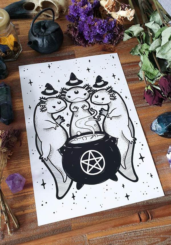 Axolotl Coven | ART PRINT - Beserk - all, art, art print, black, black and white, cauldron, christmas gift, christmas gifts, clickfrenzy15-2023, cpgstinc, dec20, discountapp, fp, gift, gift idea, gift ideas, goth, gothic, gothic gifts, gothic homewares, halloween, halloween homewares, home, homeware, homewares, pentacle, pentagram, poster and tapestry, pumpkin art, pvmpkin art, witch, witches, witches hat, witchy