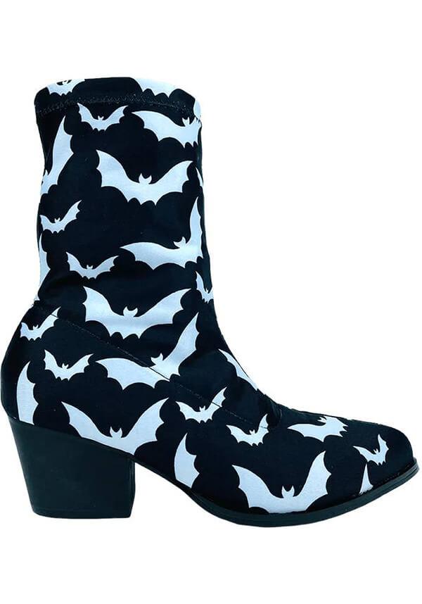 Jinx Bat [Black/White] | BOOTS* - Beserk - all, ankle boots, bat, bats, black and white, boots, boots [in stock], clickfrenzy15-2023, cowboy boots, discountapp, feb23, googleshopping, goth, gothic, halloween, halloween shoes, heel, heeled, heeled boots, heels [in stock], in stock, instock, labelinstock, labelvegan, ladies shoes, mysterypack2023, point, pointed, pointed toe, pointy, R160223, sale, sale ladies, sale shoes, SALE04MAY23, shoe, shoes, vegan, witchy, YRU87007