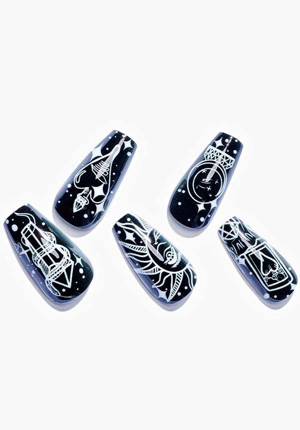 Moon God [Coffin] | PRESS ON NAILS - Beserk - accessories, all, apr23, black and white, cosmetics, crescent moon, crystal, crystals, discountapp, fake, fake nails, false nails, fp, GLDFBE20230313, googleshopping, goth, gothic, gothic accessories, heart, ladies accessories, moon, moon phase, nail, nail accessories, nail art, nail artist, press on, R200423, snake, star, stars, sun, tarot, tarot card, witchy