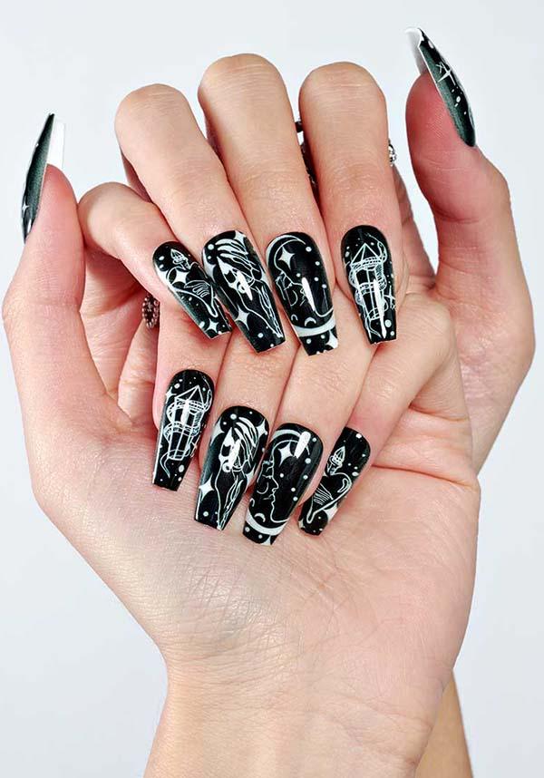 Moon God [Coffin] | PRESS ON NAILS - Beserk - accessories, all, apr23, black and white, cosmetics, crescent moon, crystal, crystals, discountapp, fake, fake nails, false nails, fp, GLDFBE20230313, googleshopping, goth, gothic, gothic accessories, heart, ladies accessories, moon, moon phase, nail, nail accessories, nail art, nail artist, press on, R200423, snake, star, stars, sun, tarot, tarot card, witchy