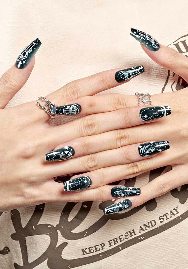 Moon God [Coffin] | PRESS ON NAILS - Beserk - accessories, all, apr23, black and white, cosmetics, crescent moon, crystal, crystals, discountapp, fake, fake nails, false nails, fp, GLDFBE20230313, googleshopping, goth, gothic, gothic accessories, heart, ladies accessories, moon, moon phase, nail, nail accessories, nail art, nail artist, press on, R200423, snake, star, stars, sun, tarot, tarot card, witchy