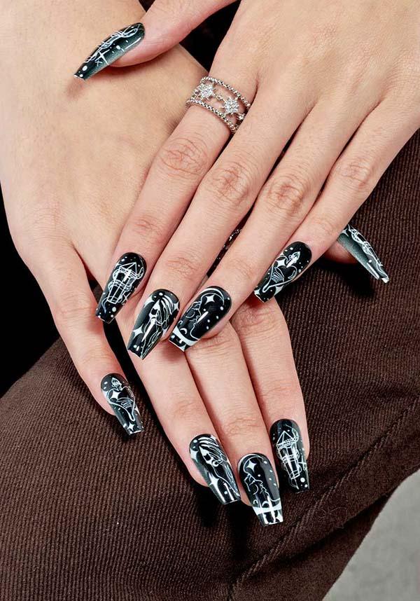 Moon God [Coffin] | PRESS ON NAILS - Beserk - accessories, all, apr23, black and white, cosmetics, crescent moon, crystal, crystals, discountapp, fake, fake nails, false nails, fp, GLDFBE20230313, googleshopping, goth, gothic, gothic accessories, heart, ladies accessories, moon, moon phase, nail, nail accessories, nail art, nail artist, press on, R200423, snake, star, stars, sun, tarot, tarot card, witchy