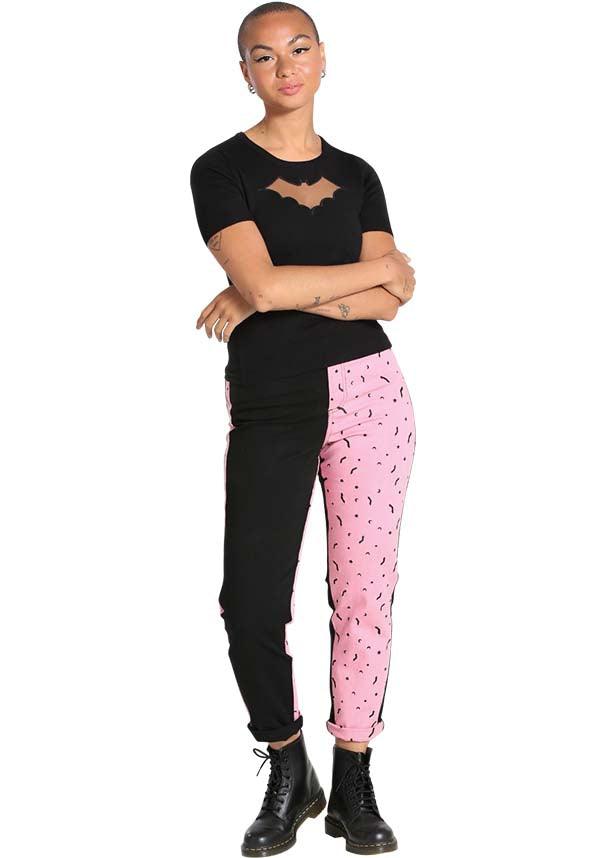 Duo Bat [Pink] | JEANS - Beserk - all, all clothing, all ladies, all ladies clothing, bat, bats, black, clickfrenzy15-2023, clothing, crescent moon, discountapp, fp, googleshopping, goth, gothic, HB225347, hell bunny, jeans, ladies, ladies clothing, ladies pants, ladies pants + shorts, ladies pants and shorts, long pants, mar23, moon, moon phase, pants, pastel goth, pink, plus, plus size, popsoda, R090323, star, stars, winter, winter clothing, winter wear, witchy, women, womens, womens pants