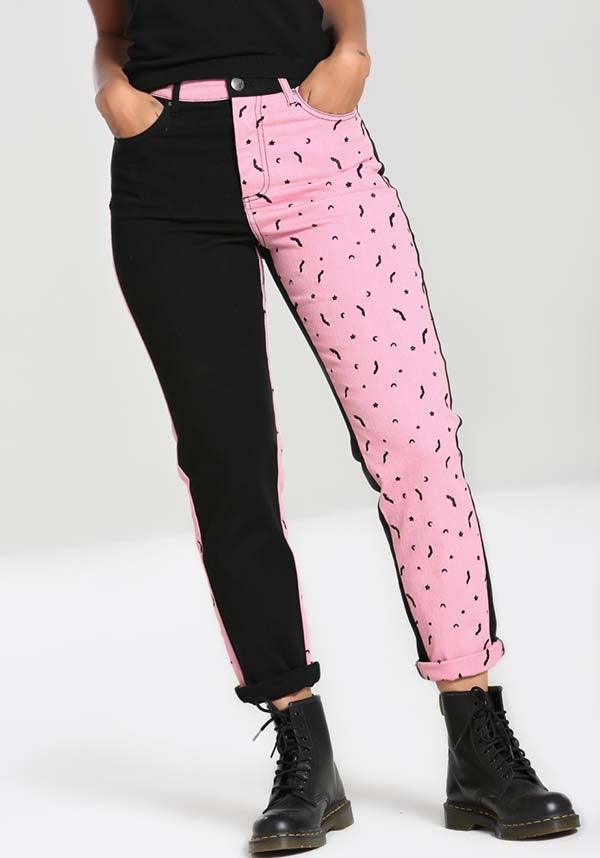 Duo Bat [Pink] | JEANS - Beserk - all, all clothing, all ladies, all ladies clothing, bat, bats, black, clickfrenzy15-2023, clothing, crescent moon, discountapp, fp, googleshopping, goth, gothic, HB225347, hell bunny, jeans, ladies, ladies clothing, ladies pants, ladies pants + shorts, ladies pants and shorts, long pants, mar23, moon, moon phase, pants, pastel goth, pink, plus, plus size, popsoda, R090323, star, stars, winter, winter clothing, winter wear, witchy, women, womens, womens pants