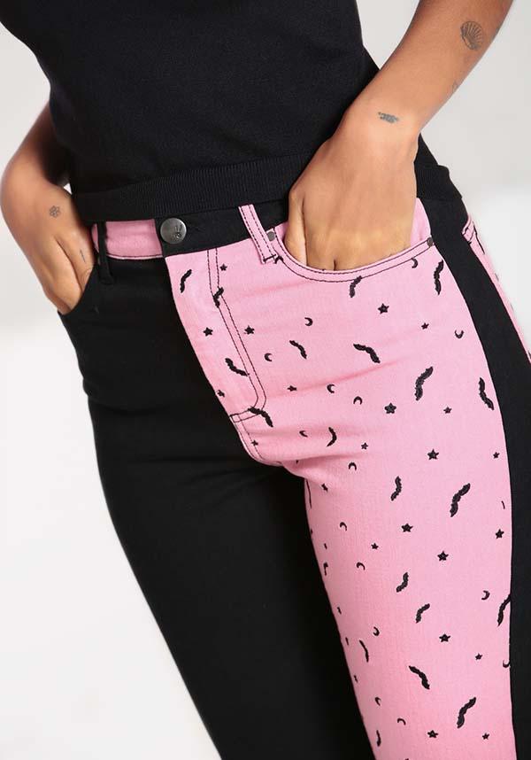 Duo Bat [Pink] | JEANS - Beserk - all, all clothing, all ladies, all ladies clothing, bat, bats, black, clickfrenzy15-2023, clothing, crescent moon, discountapp, fp, googleshopping, goth, gothic, HB225347, hell bunny, jeans, ladies, ladies clothing, ladies pants, ladies pants + shorts, ladies pants and shorts, long pants, mar23, moon, moon phase, pants, pastel goth, pink, plus, plus size, popsoda, R090323, star, stars, winter, winter clothing, winter wear, witchy, women, womens, womens pants