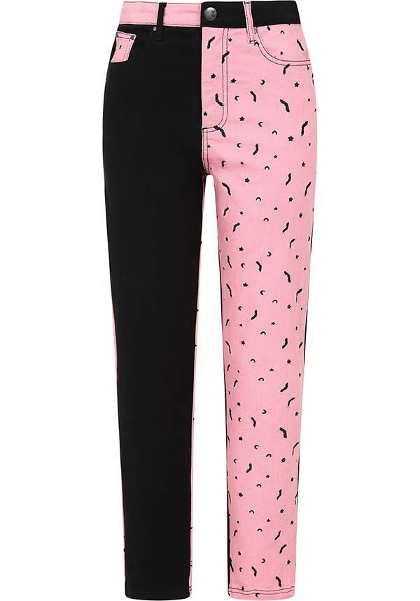 Duo Bat [Pink] | JEANS - Beserk - all, all clothing, all ladies, all ladies clothing, bat, bats, black, clickfrenzy15-2023, clothing, crescent moon, discountapp, fp, googleshopping, goth, gothic, HB225347, hell bunny, jeans, ladies, ladies clothing, ladies pants, ladies pants + shorts, ladies pants and shorts, long pants, mar23, moon, moon phase, pants, pastel goth, pink, plus, plus size, popsoda, R090323, star, stars, winter, winter clothing, winter wear, witchy, women, womens, womens pants