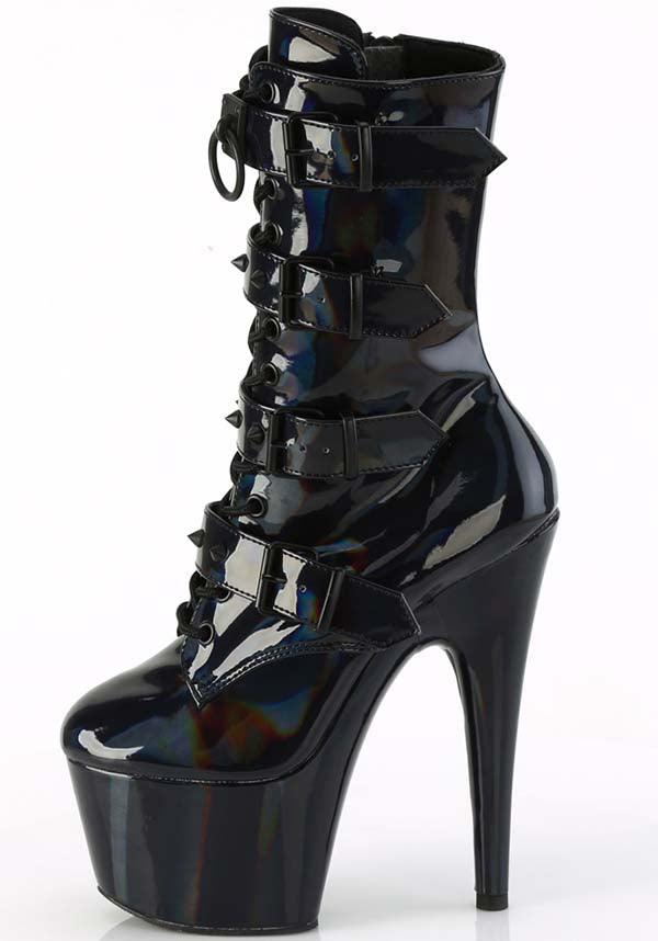 ADORE-1046 [Black Holo Patent] | PLATFORM BOOTS [PREORDER] - Beserk - all, ankle boots, apr23, black, boot, boots, boots [preorder], buckle, buckles, clickfrenzy15-2023, discountapp, fetish, fp, googleshopping, heel, heeled, heeled boots, heels, heels [preorder], holo, holographic, labelpreorder, ladies shoes, patent, platform boots, platform heels, pole, pole dancing, ppo, preorder, shoe, shoes, stripper, vegan