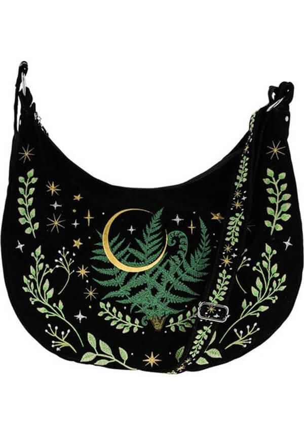 Herbal | HOBO BAG - Beserk - accessories, all, all ladies, apr23, bag, bags, black, clickfrenzy15-2023, crescent moon, discountapp, fern, fp, googleshopping, goth, gothic, gothic accessories, gothic bag, labelvegan, ladies, ladies accessories, mens accessories, moon, moon phase, mothersdayplant, plant, plants, R020423, RS218094, star, stars, vegan, velvet, witchy